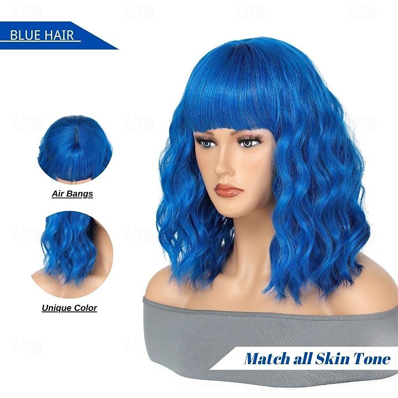 Bob Wig Short Bob Wavy Wig with Bangs for Women Loose Curly Shoulder Length Wig Synthetic Wig Cosplay Wig for Girl Daily Use Colorful Wig Cosplay Wigs2