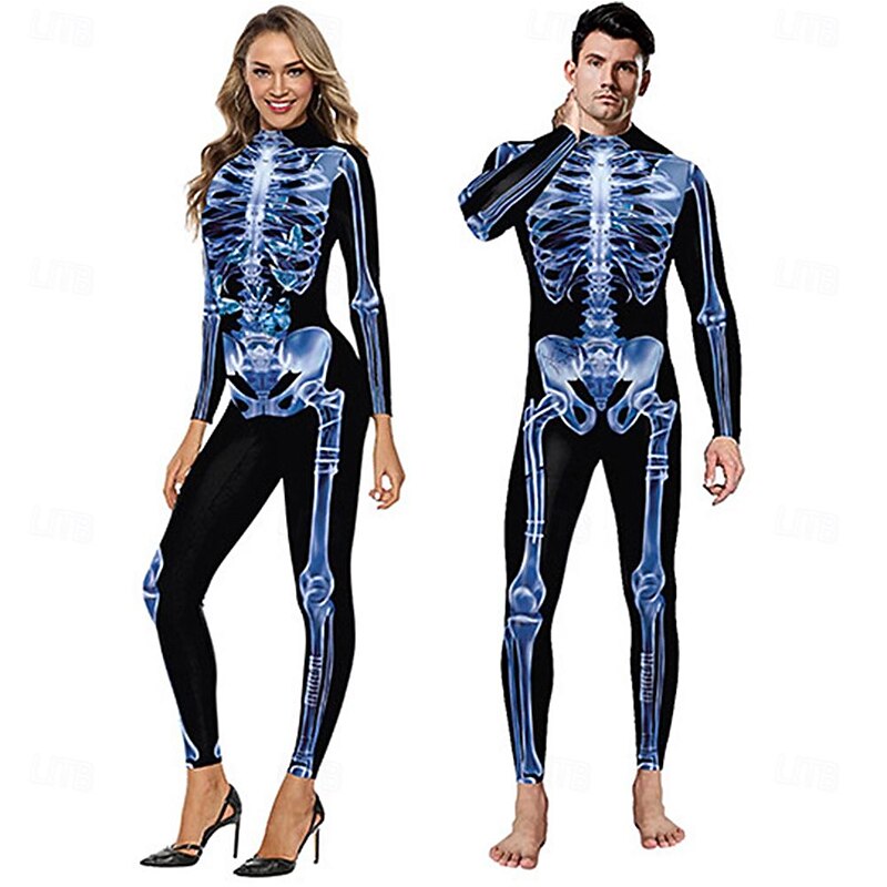 Couples Halloween Carnival muscle skeleton frame horror digital print parade party performance costume