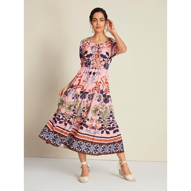 Floral Lace Up Elegant Short Sleeve Midi Dress