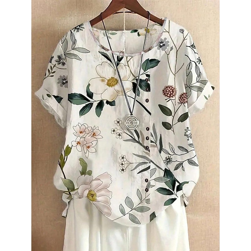 Women's Shirt Blouse Elegant Floral Print Short Sleeve Regular Tops Crew Neck Daily Linen Like Light Green Summer
