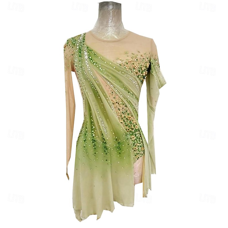 Figure Skating Dress Women's Ice Skating Skirt Dress Green+Yellow Thumbhole Open Back Spandex High Elasticity Professional Competition Skating Wear Thermal Warm Classic Crystal / Rhinestone Long