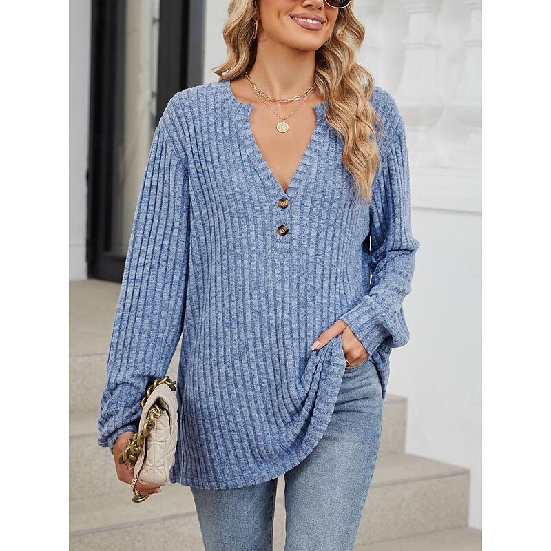 Women's Sweater Stylish Casual Solid Color Ribbed V Neck Buttons Long Sleeve Regular Tops Knit Daily Pink Blue Spring Fall