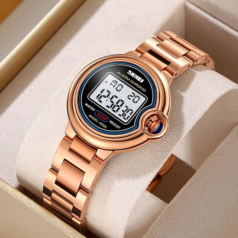 SKMEI Women Digital Watch Fashion Casual Wristwatch Luminous Alarm Clock Calendar Date Stainless Steel Watch