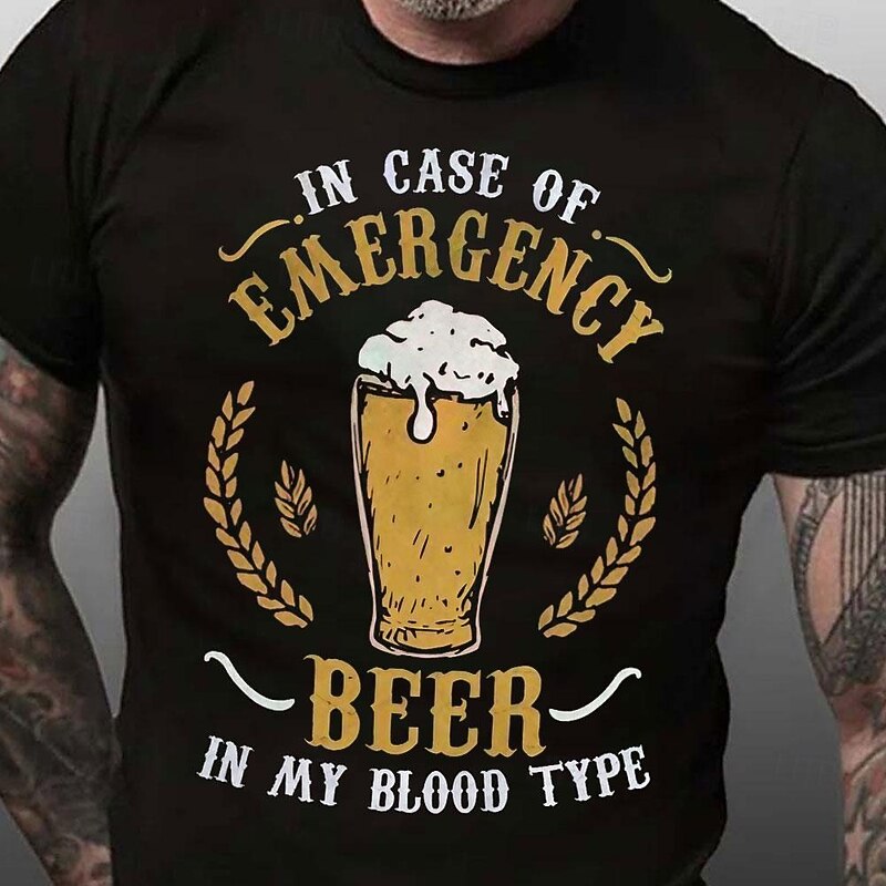 Men's Funny Beer Graphic T-Shirt - 'In Case of Emergency Beer In My Blood Type' Short Sleeve