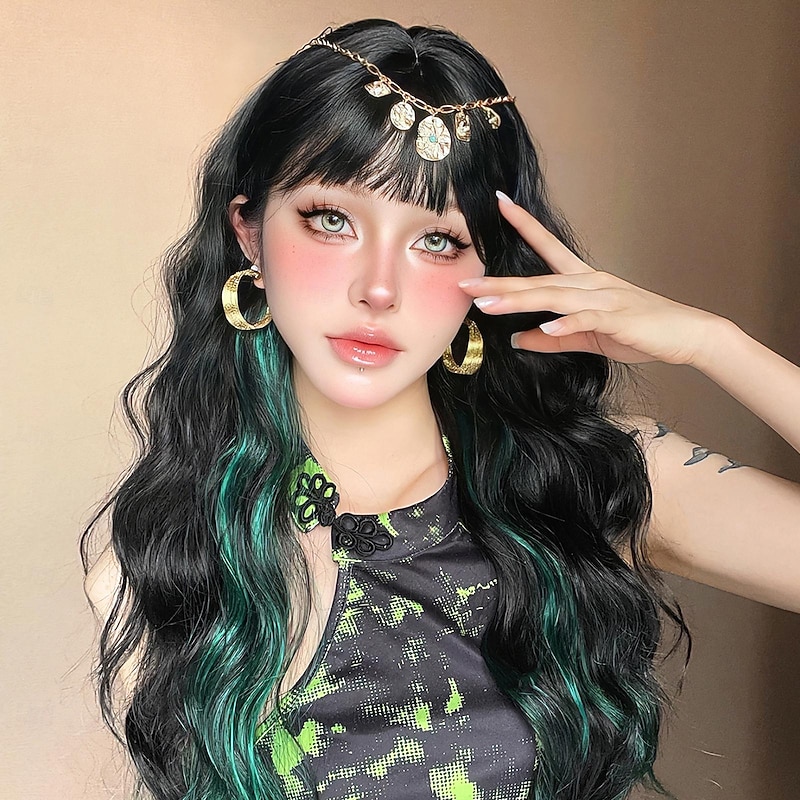 Synthetic Wig Uniforms Career Costumes Princess Curly Wavy Middle Part Layered Haircut Machine Made Wig 28 inch Black / Green Synthetic Hair Women's Cosplay Party Fashion Black4