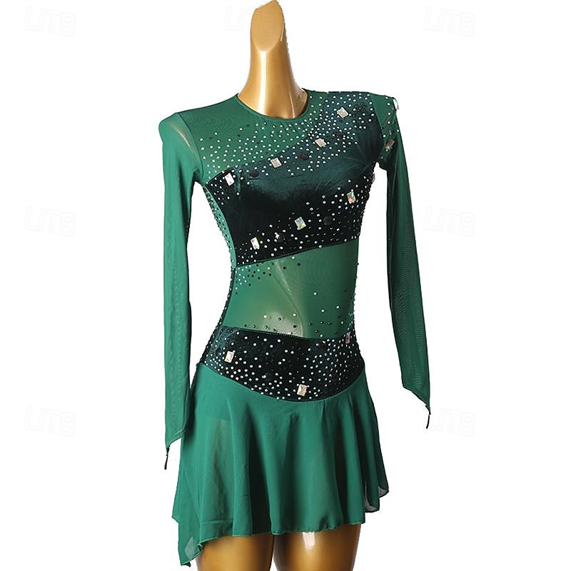 Figure Skating Dress Women's Girls' Ice Skating Dress Dark Green Patchwork Open Back Mesh Spandex High Elasticity Training Practice Professional Skating Wear Classic Crystal / Rhinestone Long Sleeve2