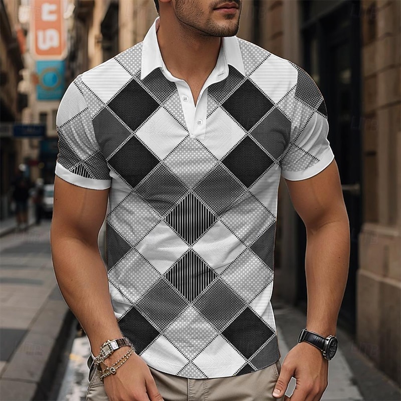 Men's Plaid Polo Shirts Golf Shirt Short Sleeve Polo Shirts Collared Shirts Vintage Casual Vacation Wear Formal Wear Festival Wear Buttons 3D Print Spring & Summer Blue Green Khaki4