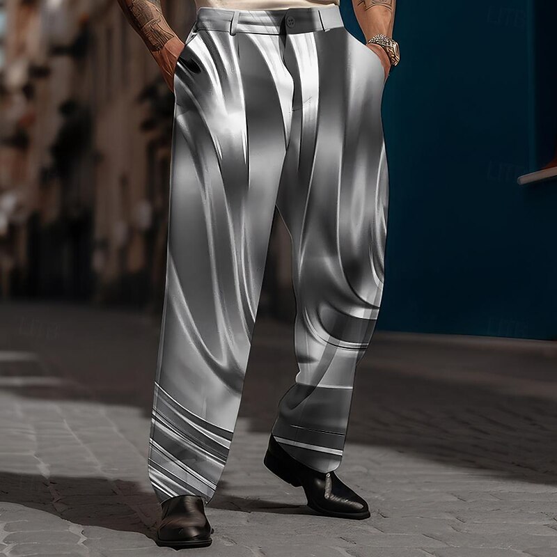 Men's Graphic Dress Pants Mid Waist Business Casual Formal Dailywear Pocket Straight Leg Trousers Summer Spring Fall 3D Print Gray
