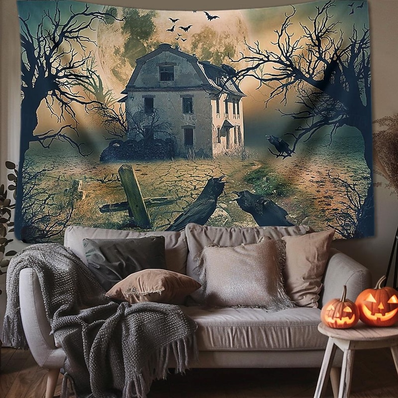 Halloween Decorations Tapestry Jack O Lantern Pumpkin Decor Wall Art Large Hanging Tapestry Mural Decor Photograph Backdrop Blanket Curtain Home Bedroom Living Room Skull Skeleton Bat Graveyard 6