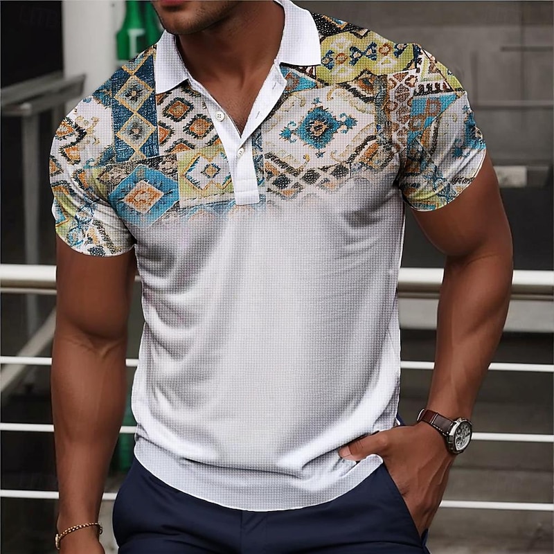 Men's Tribal Waffle Polo Shirts Golf Shirt Short Sleeve Polo Shirts Collared Shirts Vacation Wear Party Outfits Buttons 3D Print Spring & Summer White