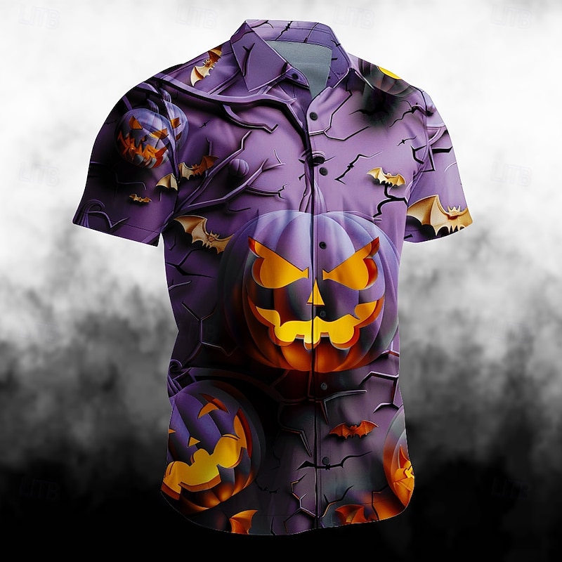 Halloween Men's Pumpkin Grimace Halloween Costumes Shirt Button Up Shirt Short Sleeve Casual Dark Party Evening Wear Summer Turndown Collared Shirts Button Up 3D Print Blue Purple2