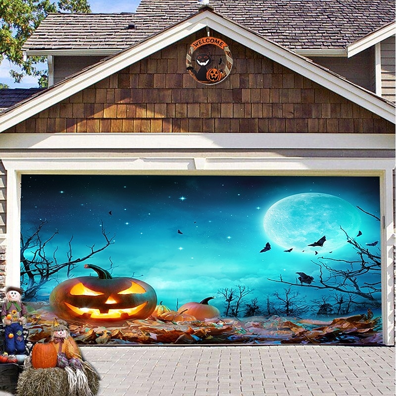 Halloween Door Decorations Outdoor Halloween Garage Door Cover Pumpkins Skeletons Banner Ghost Graveyard Large Christmas Backdrop Decoration for Holiday Outdoor Garage Door Home Wall Decorations