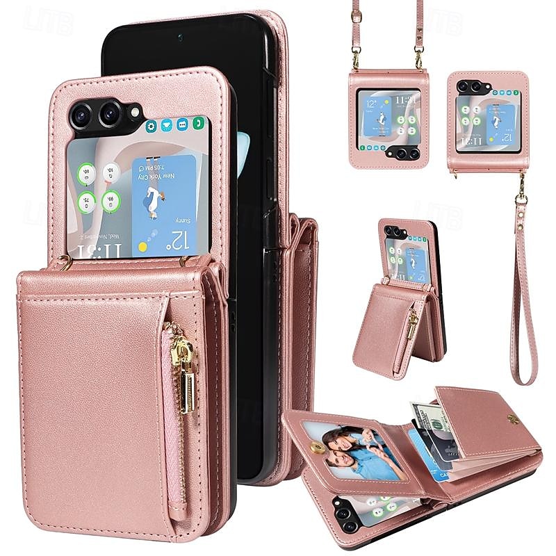 Phone Case For Samsung Galaxy Z Flip 6 Z Flip 5 Wallet Case with Stand Holder Zipper with Lanyard Retro TPU PU Leather2