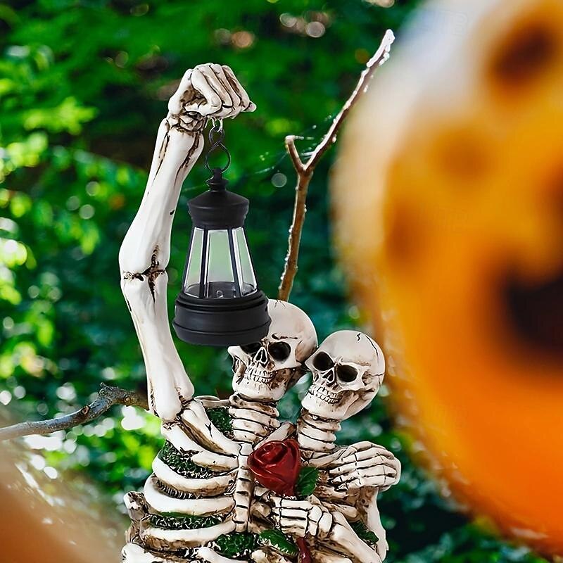 1pc Outdoor Solar Skeleton Couple Rose Handheld Lantern Halloween Courtyard Lawn Garden Decoration Halloween Festival Atmosphere Decoration2