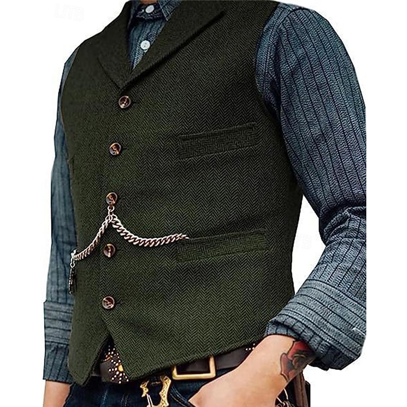 Men's Vest Gilet Wedding Event / Party Daily Fashion Business Spring & Summer Button Pocket Thick Chain Polyester Comfortable Plain Single Breasted One-button Lapel Regular Fit Black Burgundy Navy4