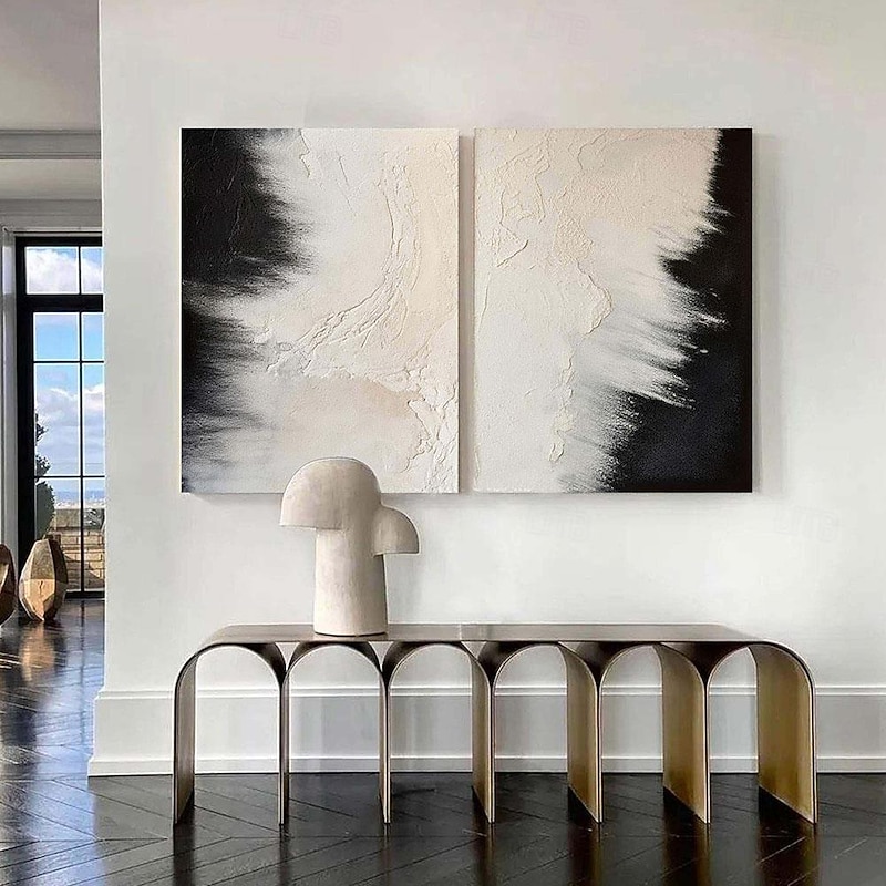 Oil painting large hand painted Beige and Black Texture Wall Art Beige Abstract Painting on Canvas Modern Abstract Canvas Wall Art A Pair Black Texture Painting