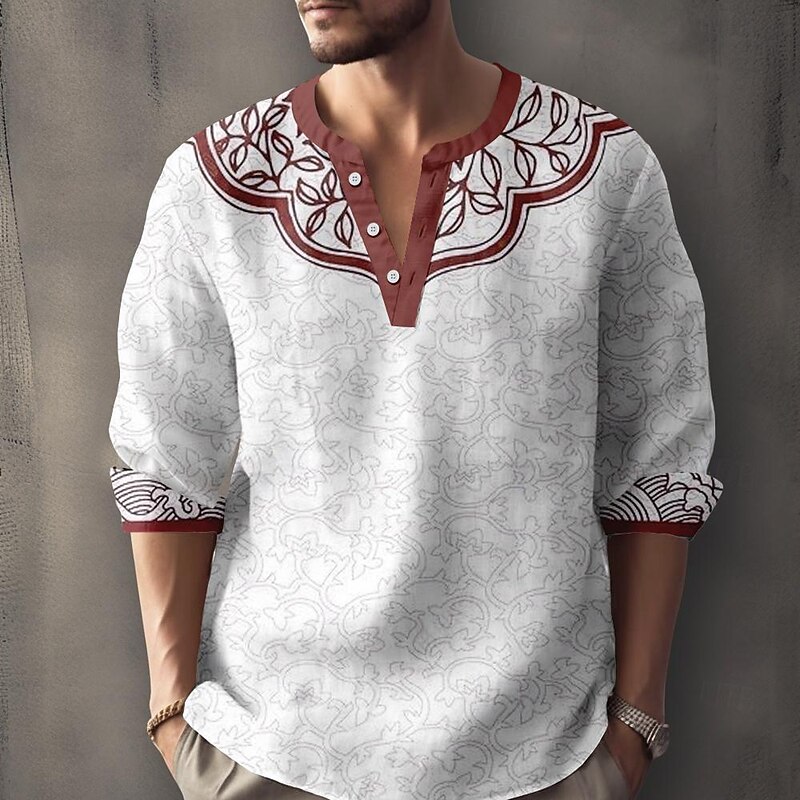 Men's Pattern Ethnic Shirt Button Up Shirt Long Sleeve Casual Tribal Daily Holiday Summer Spring Fall Stand Collar Print Red Blue Green4