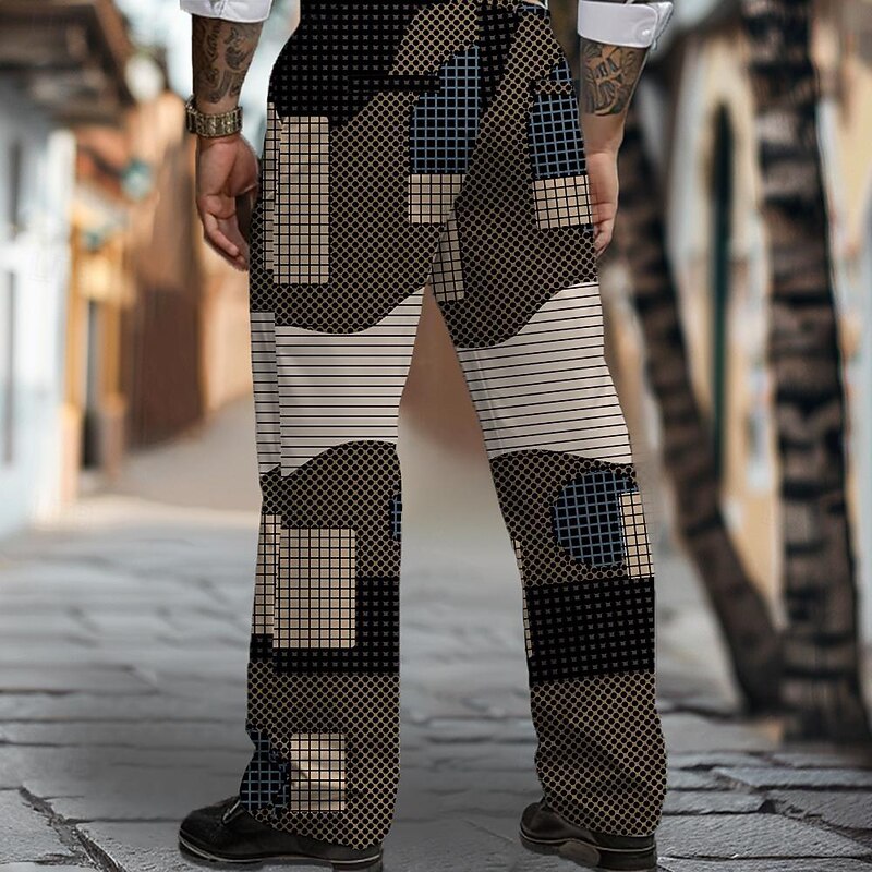 Men's Geometric Plaid Dress Pants Mid Waist Vintage Business Casual Formal Dailywear Pocket Straight Leg Trousers Summer Spring Fall 3D Print Brown2