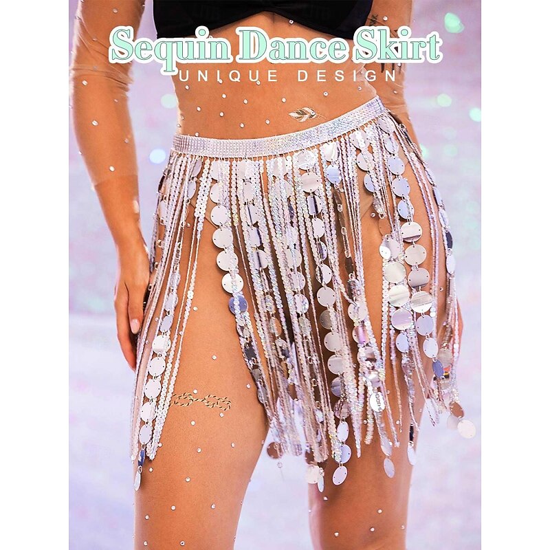 Sequin Skirt Silver Dots Fringe Skirts Belly Dance Hip Scarf Sparkly Rave Skirts for Women2