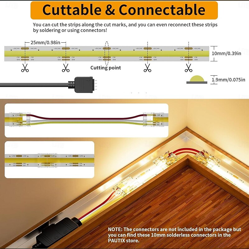 COB LED Strip Light White CCT 608LED/M Ultra Bright 10-33 ft Dimmable 2700K-6500K 24V LED Strip with RF Controller and Power Supply Suitable for DIY Lighting of Cabinets Bedrooms Kitchens Mirrors4