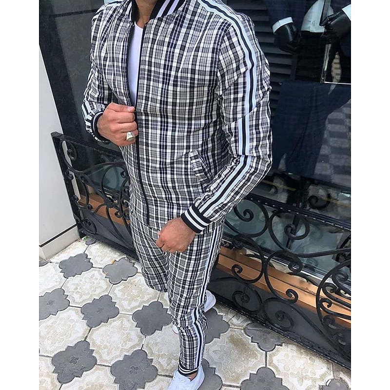 Men's Tracksuit Jogging Suit Drawstring Pocket Plaid Checkered Athletic Clothing Set Spring White Navy Blue Gym Workout Jogging Running Soft Breathable Long Sleeve Sport Activewear Micro-elastic2