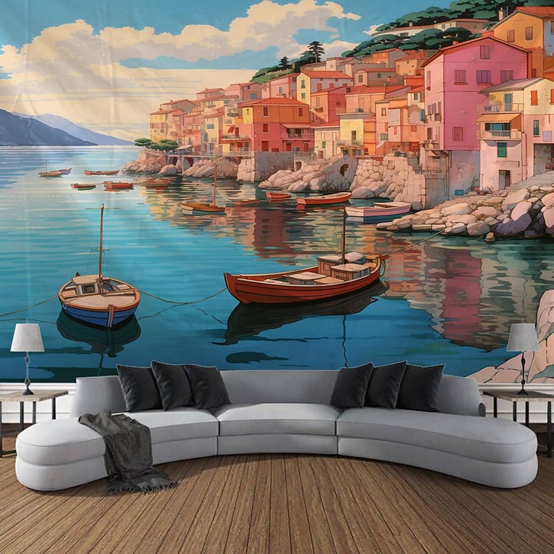 Nature Mediterranean Village Hanging Tapestry Wall Art Large Tapestry Mural Decor Photograph Backdrop Blanket Curtain Home Bedroom Living Room Decoration