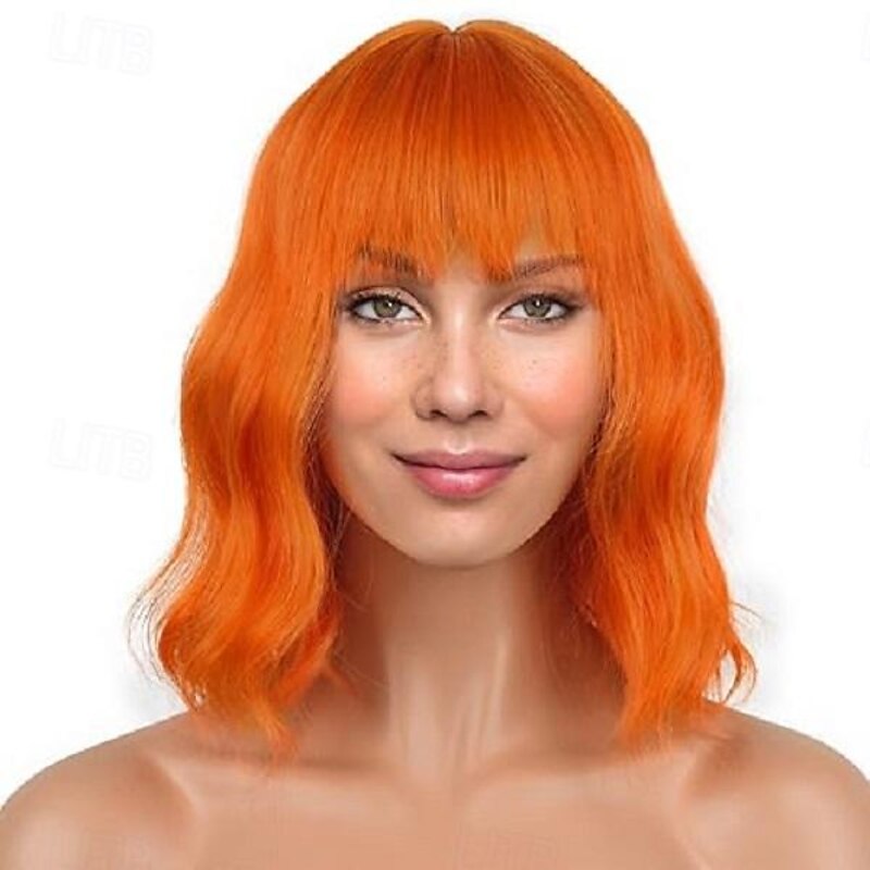 Wig Short Bob Wigs with Bangs for Women Loose Wavy Hair Shoulder Length Wig Synthetic Colorful Wigs Halloween Cosplay Party Wigs