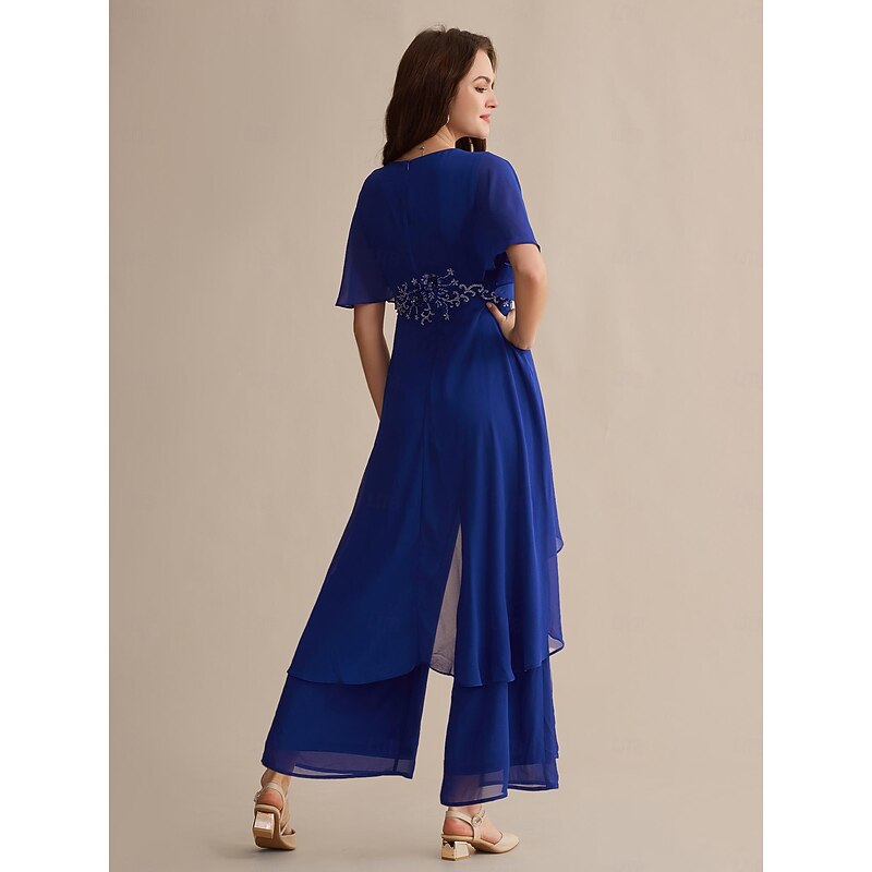 Royal Blue Chiffon Wedding Guest Sequin Embroidered Flare Cuff Sleeve V Neck Mother of the Bride Jumpsuit dress to impress 20242