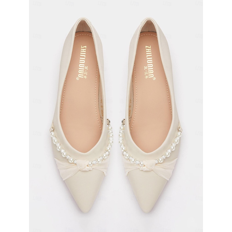 Women's Pearl Embellished Low Heel Flats - Elegant Pointed Toe Slip-On Shoes for Weddings and Formal Events