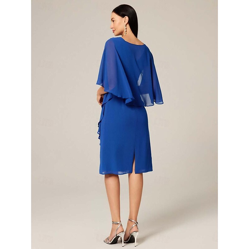 Women's Plus Size Wedding Guest Cocktail Dress Set Chiffon Ruffle Boat Neck Sleeveless Midi Dress Party Elegant Royal Blue Summer4