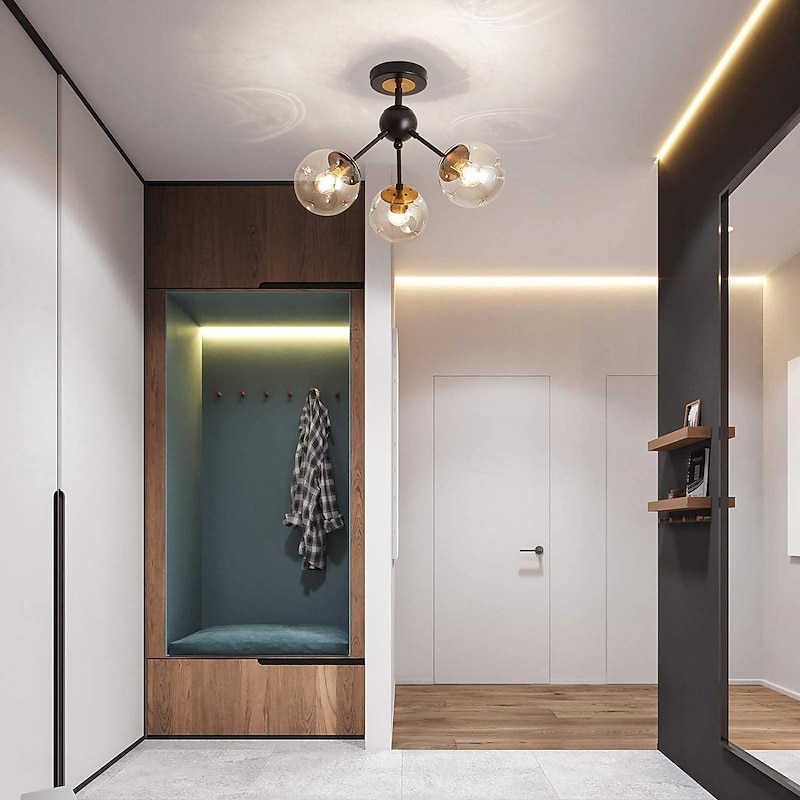 LED Ceiling Lights 3-Color Light Source 18/41cm 1/3-Light Vintage Semi Flush Mount Ceiling Light Fixture with Glass Globe E26/E27 Black Ceiling Light for Hallway Stairway Porch Entryway Kitchen Bedroom Laundry Farmhouse 110-240V