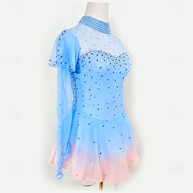 Figure Skating Dress Women's Girls' Ice Skating Dress Blue Patchwork Thumbhole Mesh High Elasticity Training Competition Skating Wear Classic Long Sleeve Ice Skating Figure Skating2