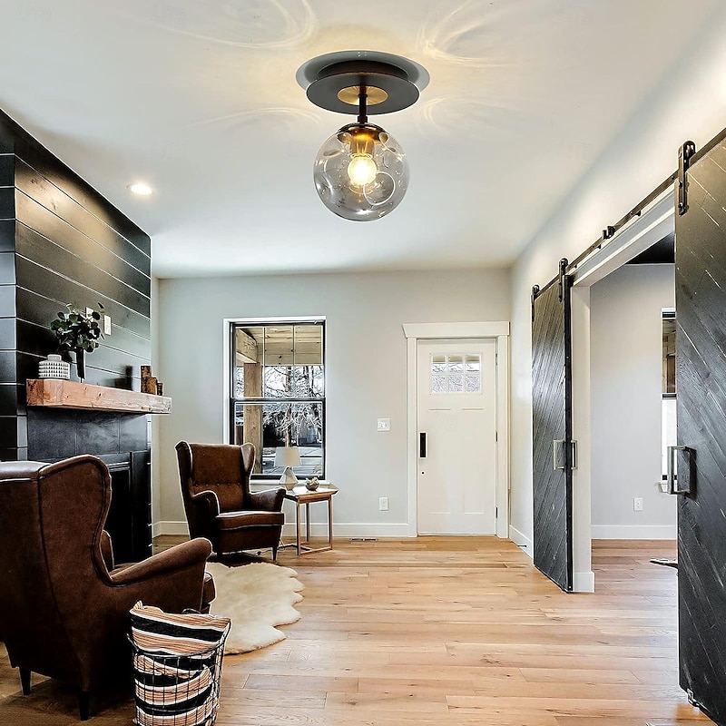 LED Ceiling Lights 3-Color Light Source 18/41cm 1/3-Light Vintage Semi Flush Mount Ceiling Light Fixture with Glass Globe E26/E27 Black Ceiling Light for Hallway Stairway Porch Entryway Kitchen Bedroom Laundry Farmhouse 110-240V2