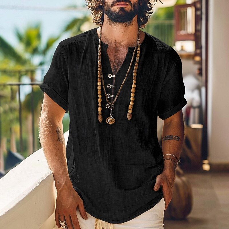 Men's Shirt Linen Shirt Summer Shirt Beach Shirt Solid Color Vacation Curise Black Beige Short Sleeve Band Collar Summer Spring Clothing Apparel Buttons4