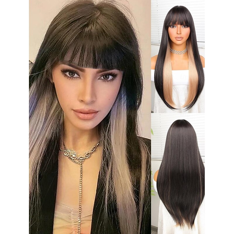 Synthetic Wig Yaki Straight Neat Bang Wig 24 inch Black / Gold Synthetic Hair Women Black / Blonde