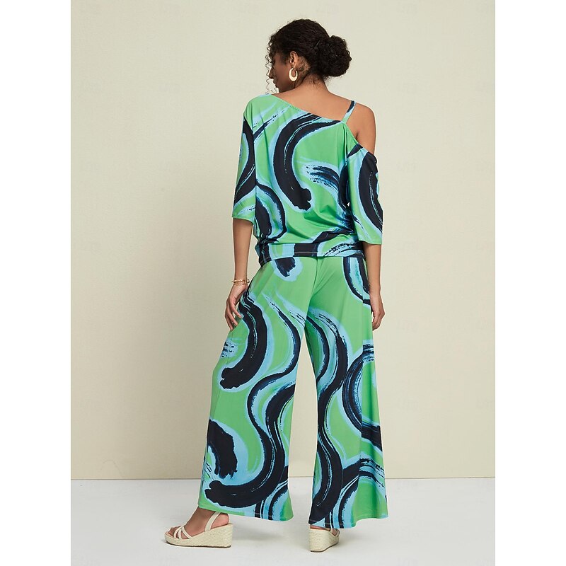 Geometric Mismatched Slash Neck Cold Shoulder Two Piece Set3