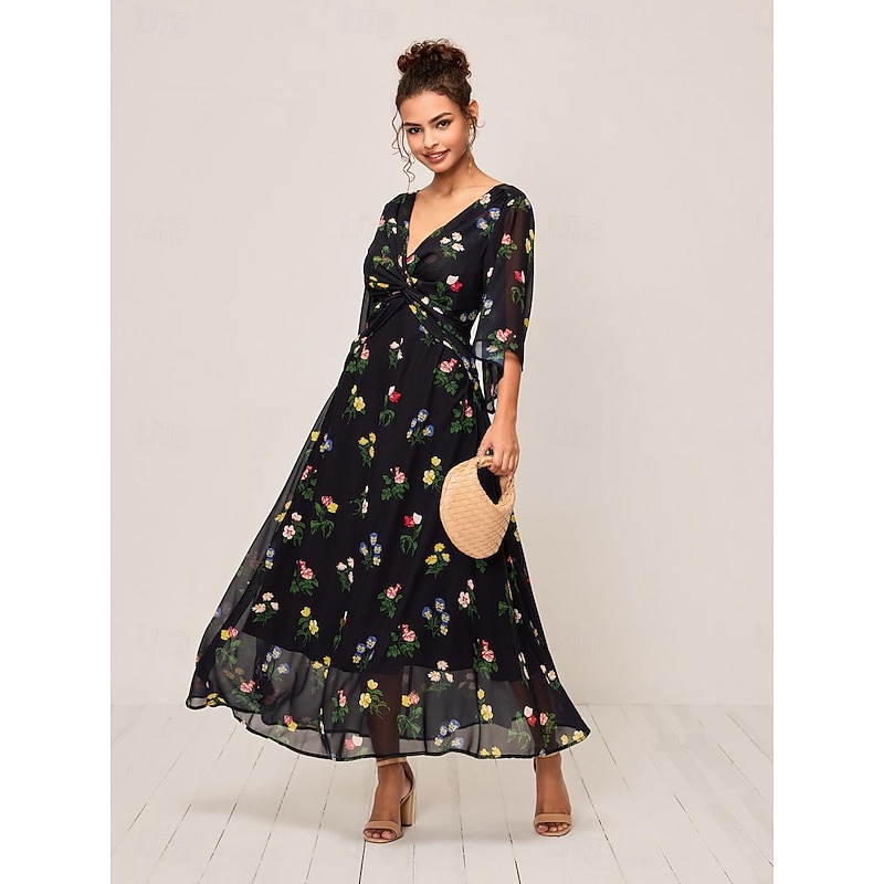 Women's Maxi Dress A Line Dress Elegant Stylish Flared Sleeve Wedding Guest Daily Cocktail Party Regular Fit Floral 3/4 Length Sleeve V Neck Black Summer Fall