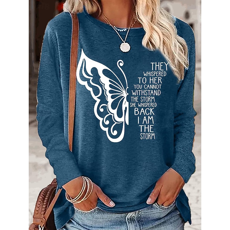 Women's T shirt Long Sleeve Butterfly Letter Fashion Casual Long Sleeve Round Neck Regular Tops Daily Print Pink Blue Khaki Spring & Fall Spring, Fall, Winter,  Prefall4