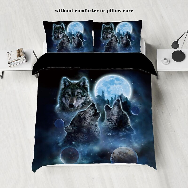 Moon Night Wolf Duvet Cover Set - Includes Duvet Cover and Pillowcases - Mystical Wolf and Moon Design - Soft and Comfortable Fabric
