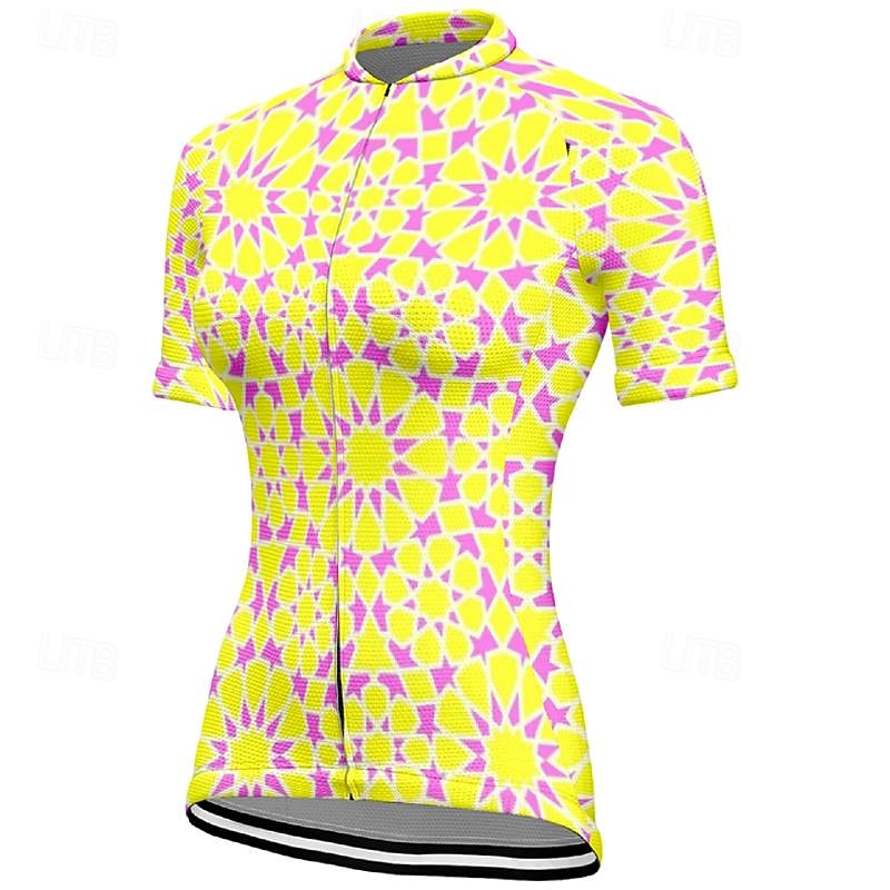 Women's Cycling Jersey Geometry Short Sleeve Bike Tee Tshirt Top with 3 Rear Pockets Mountain Bike MTB Road Bike Cycling Quick Dry Front Zipper Wicking Sports Yellow Clothing Apparel