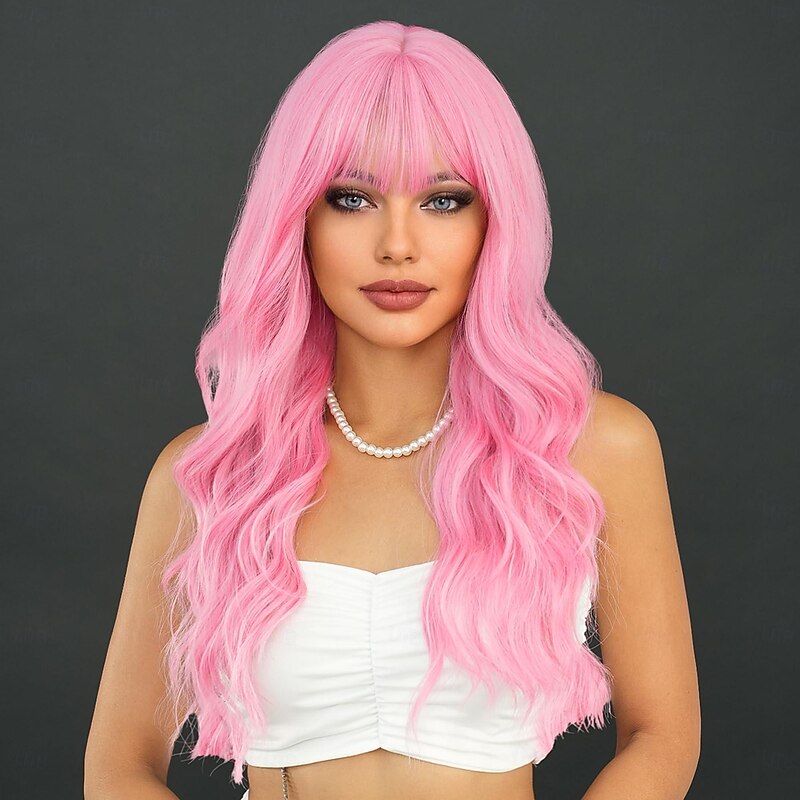 Long Wavy Pink Wig 24in Natural Heat Resistant Fiber Synthetic Curly Light Pink Wigs with BangsHalloween Cosplay Party Wigs2