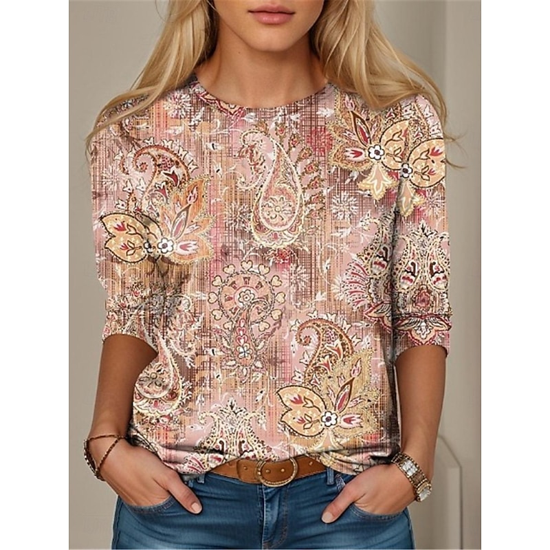 Women's T Shirt Color Block Geometry Fashion Modern Long Sleeve Crew Neck Regular Tops Vacation Daily Print Pink Blue Dark Green Green Spring &  Fall4