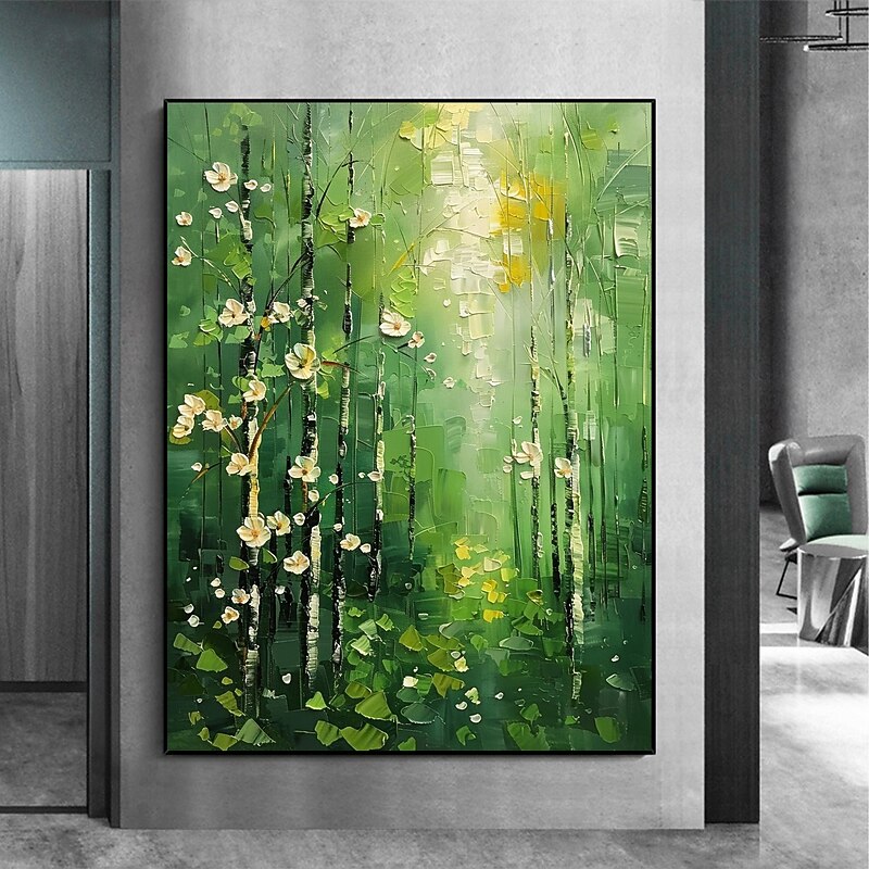 Handmade Original Green Forest Oil Painting On Canvas Abstract Tree Landscaping Wall Art Decor Living Room Home Decor With Stretched Frame/Without Inner Frame Painting - Main Image