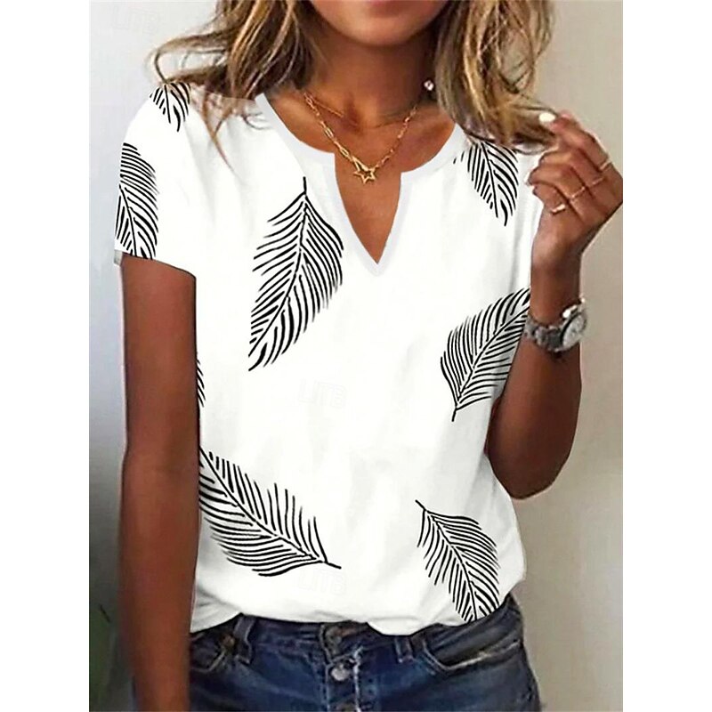 Women's T Shirt Henley Shirt Basic Leaf Print Short Sleeve Regular Tops V Neck Holiday Weekend White Pink Navy Blue Blue