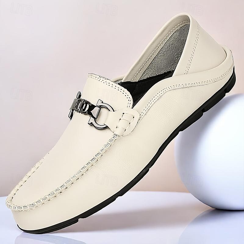 Men's White Leather Loafers - Slip-On Dress Shoes with Metal Buckle for Formal and Casual Wear