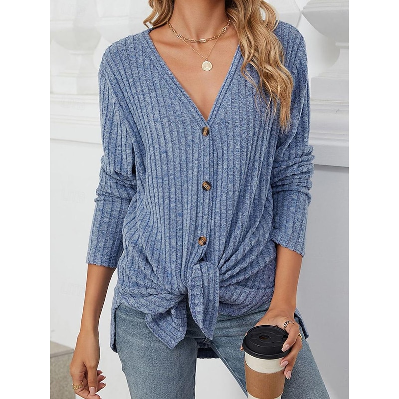 Women's Tunic Blouse Casual Solid Color Buttons Long Sleeve Regular Tops V Neck Daily Blue Purple Khaki Gray Spring Fall Winter