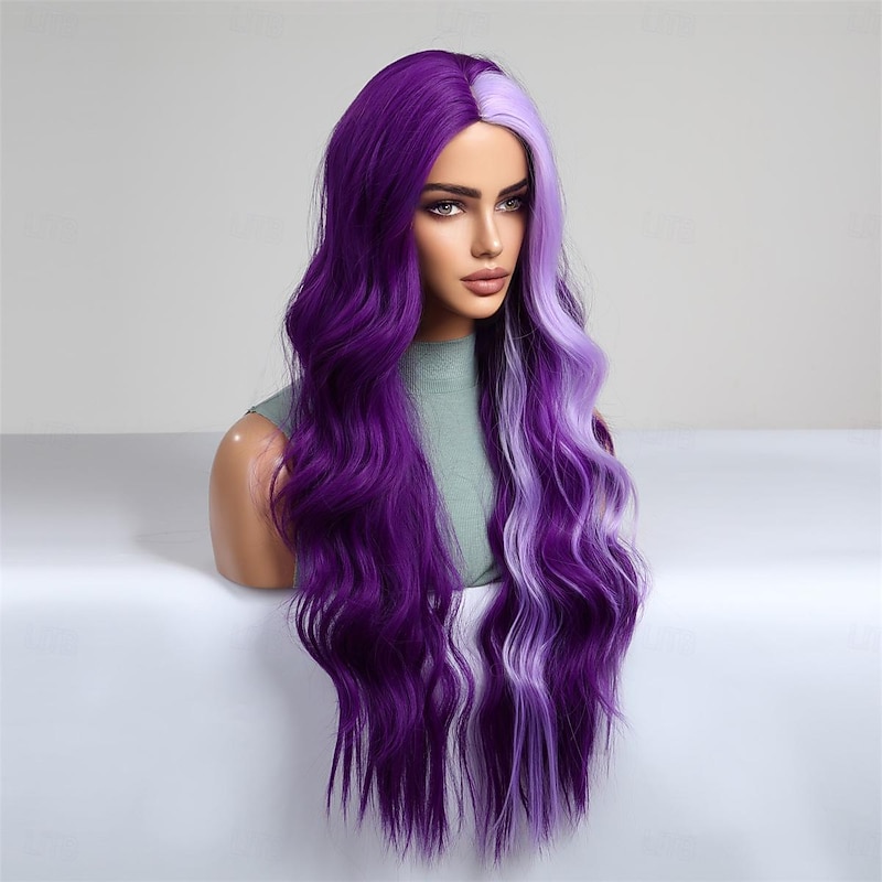Synthetic Wig Uniforms Career Costumes Princess Straight kinky Straight Middle Part Layered Haircut Machine Made Wig 26 inch Purple / Blue Synthetic Hair Women's Cosplay Party Fashion Purple4