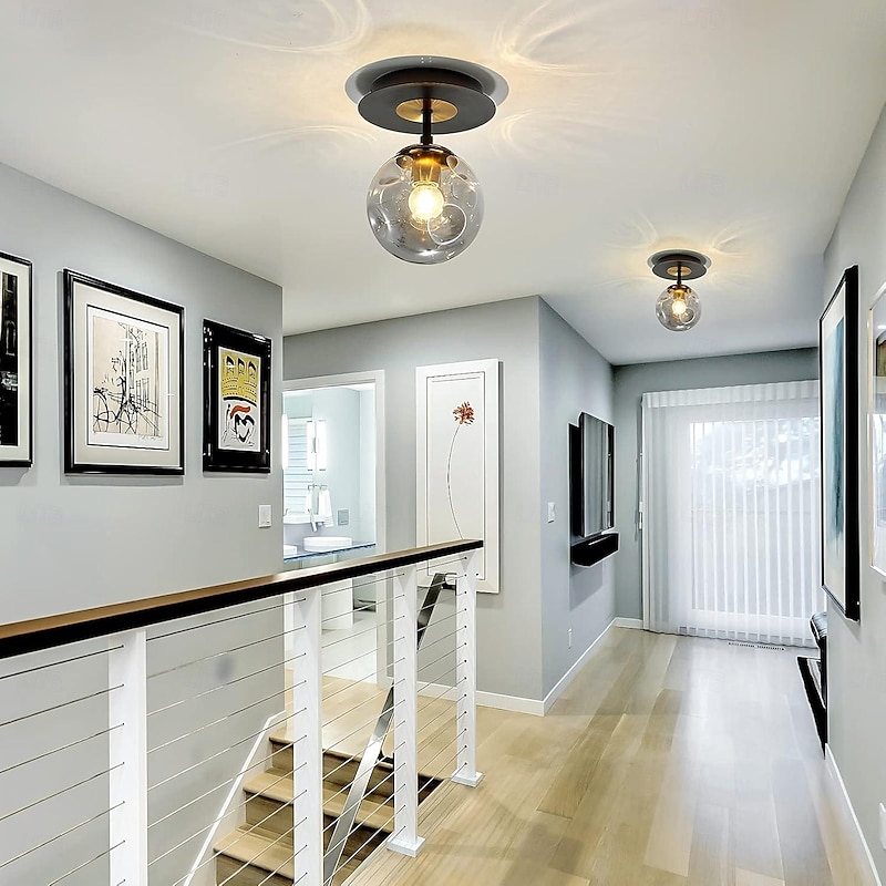 LED Ceiling Lights 3-Color Light Source 18/41cm 1/3-Light Vintage Semi Flush Mount Ceiling Light Fixture with Glass Globe E26/E27 Black Ceiling Light for Hallway Stairway Porch Entryway Kitchen Bedroom Laundry Farmhouse 110-240V4