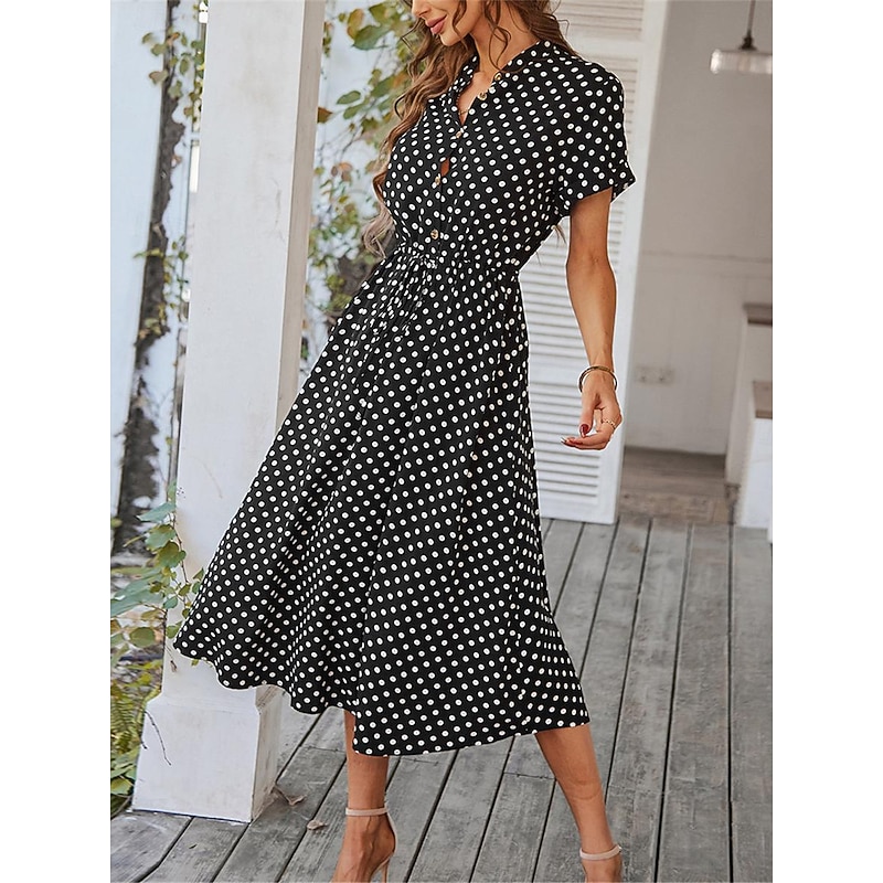 Women's Casual Dress Polka Dot Button Drawstring Shirt Collar Midi Dress Stylish Casual Daily Date Short Sleeve Summer