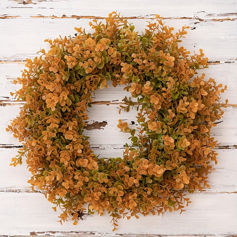 Fall Wreath with Artificial Eucalyptus and Flowers - Faux Green Leaves Wreath for Front Door, Wall, Festival Celebration, Fireplace, Window, Party Decor